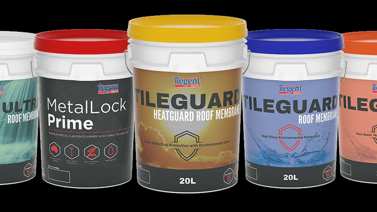 Regent Paints acrylic roof coatings lineup — Tileguard, Ultra, Heatguard and Everguard pails